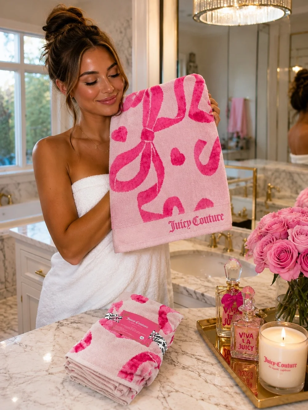 Juicy Couture Pink Bow & Heart Bath & 2 Hand Towel Set NWT